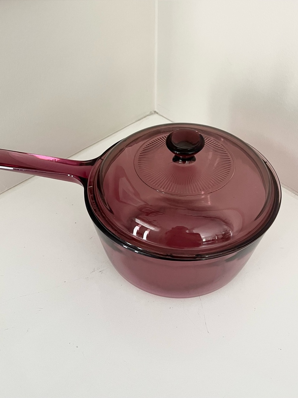 Vintage 90s Pyrex cranberry glass saucepan with lid